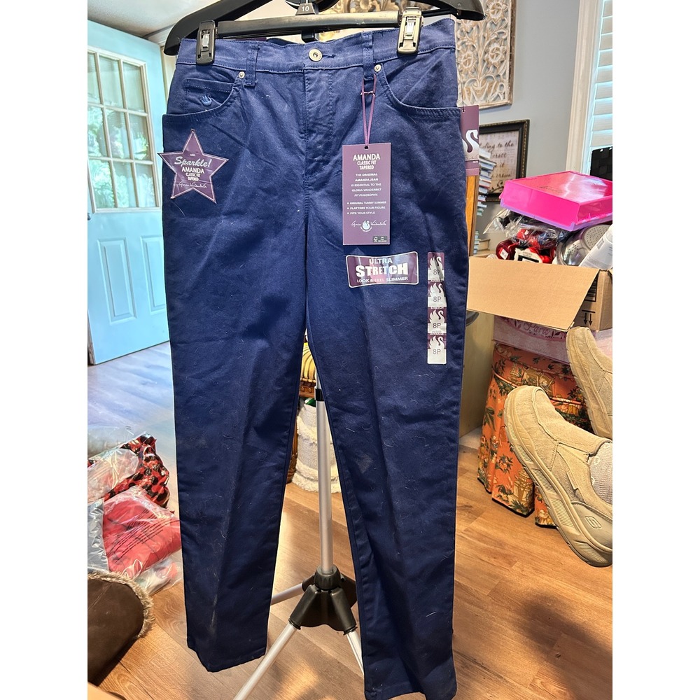 Gloria Vanderbilt Amanda Tapered Jeans Navy Blue Ultra Stretch Sparkle 8P Petite